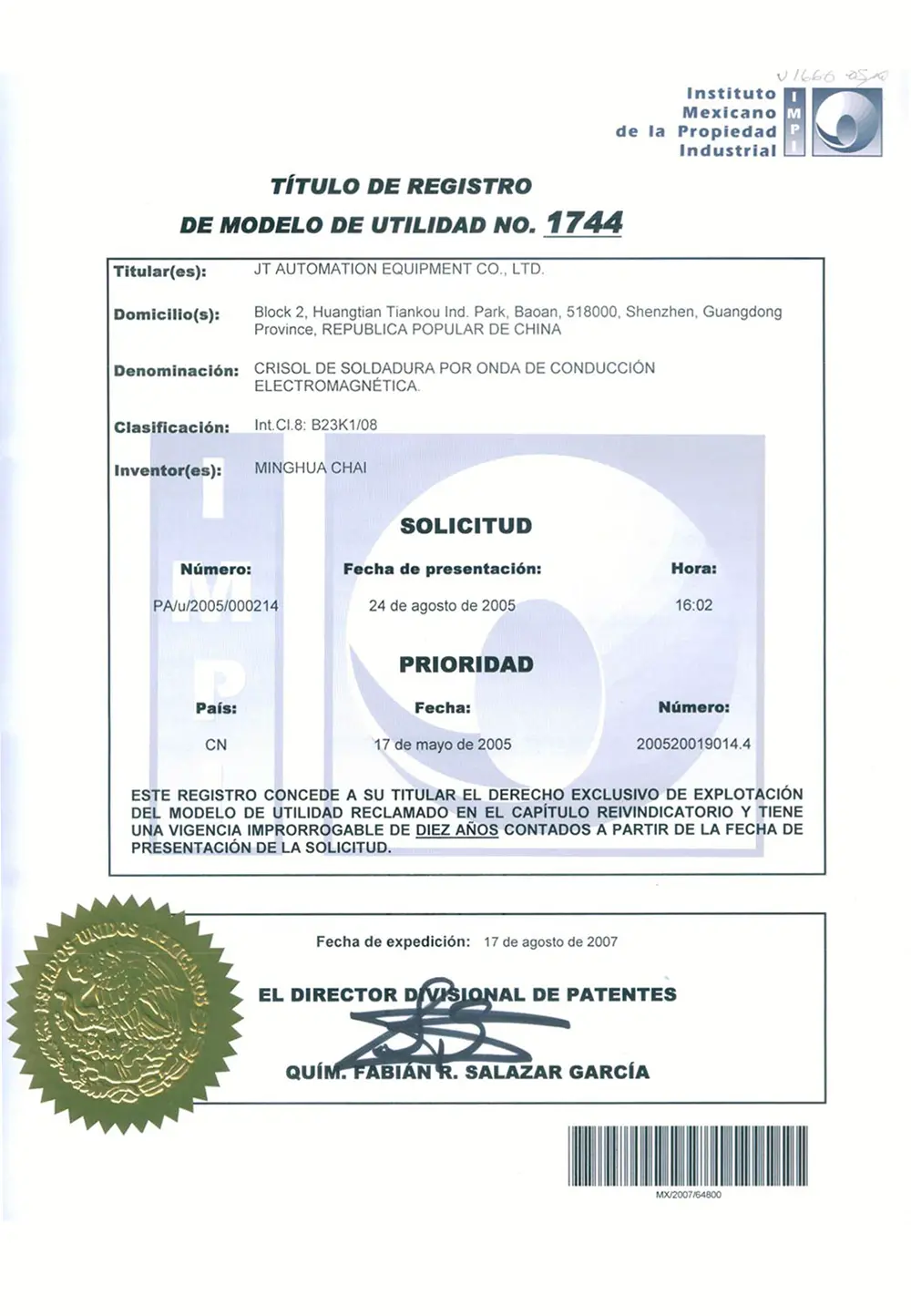 EU Patent - Mexico 2005200190144